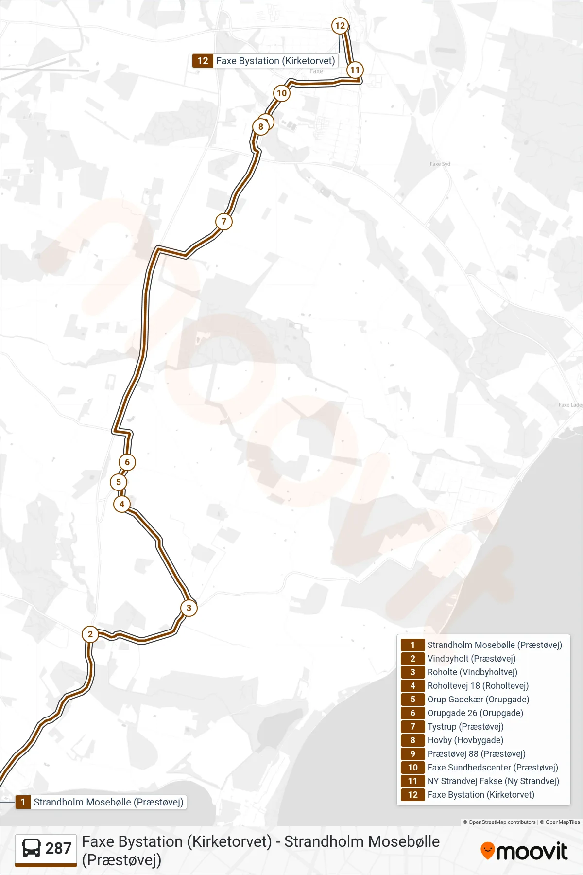 287 bus Line (Faxe Bystation) route and stops on a map