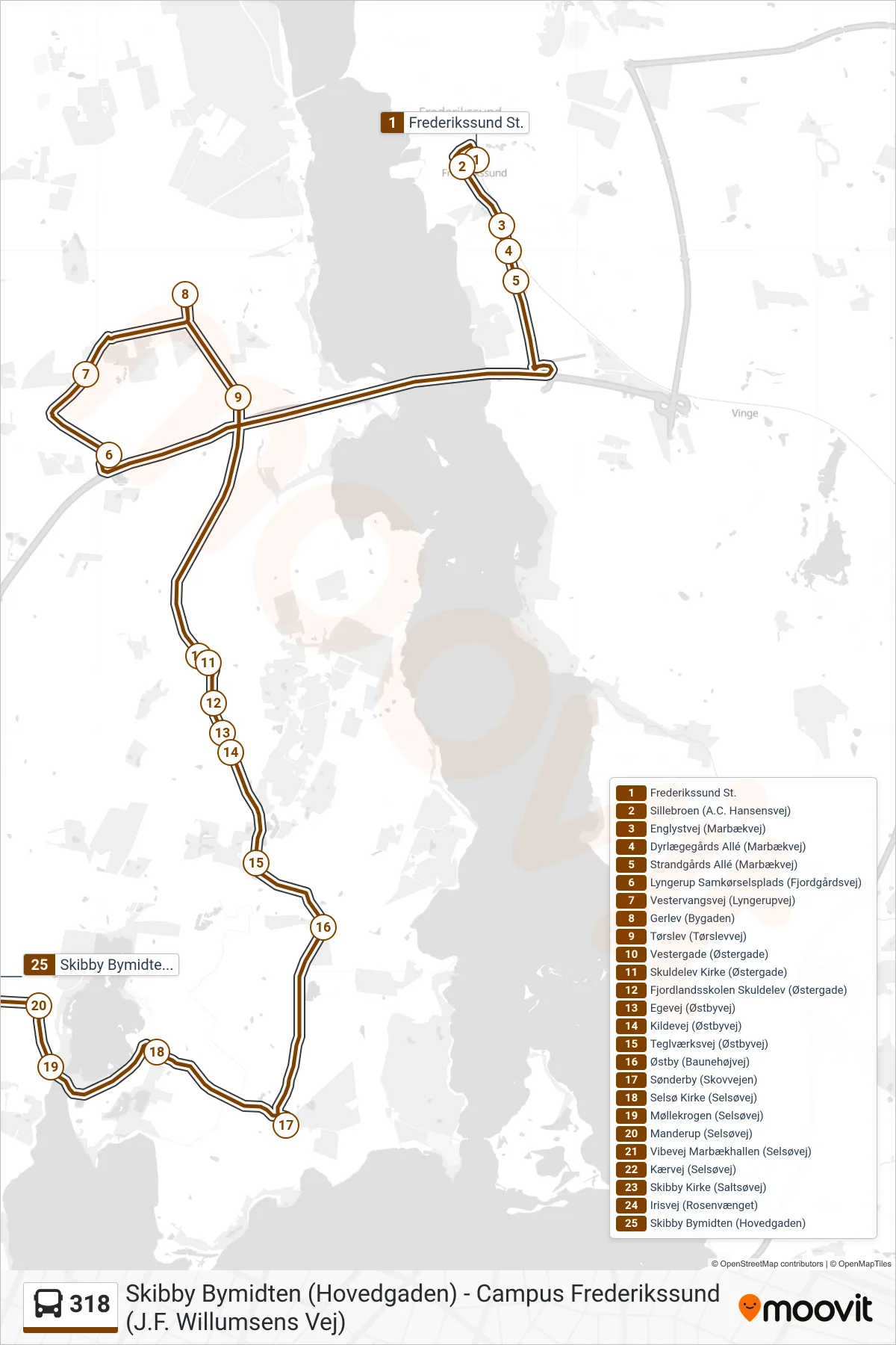 318 bus Linje (Skibby) rute og stop på et kort