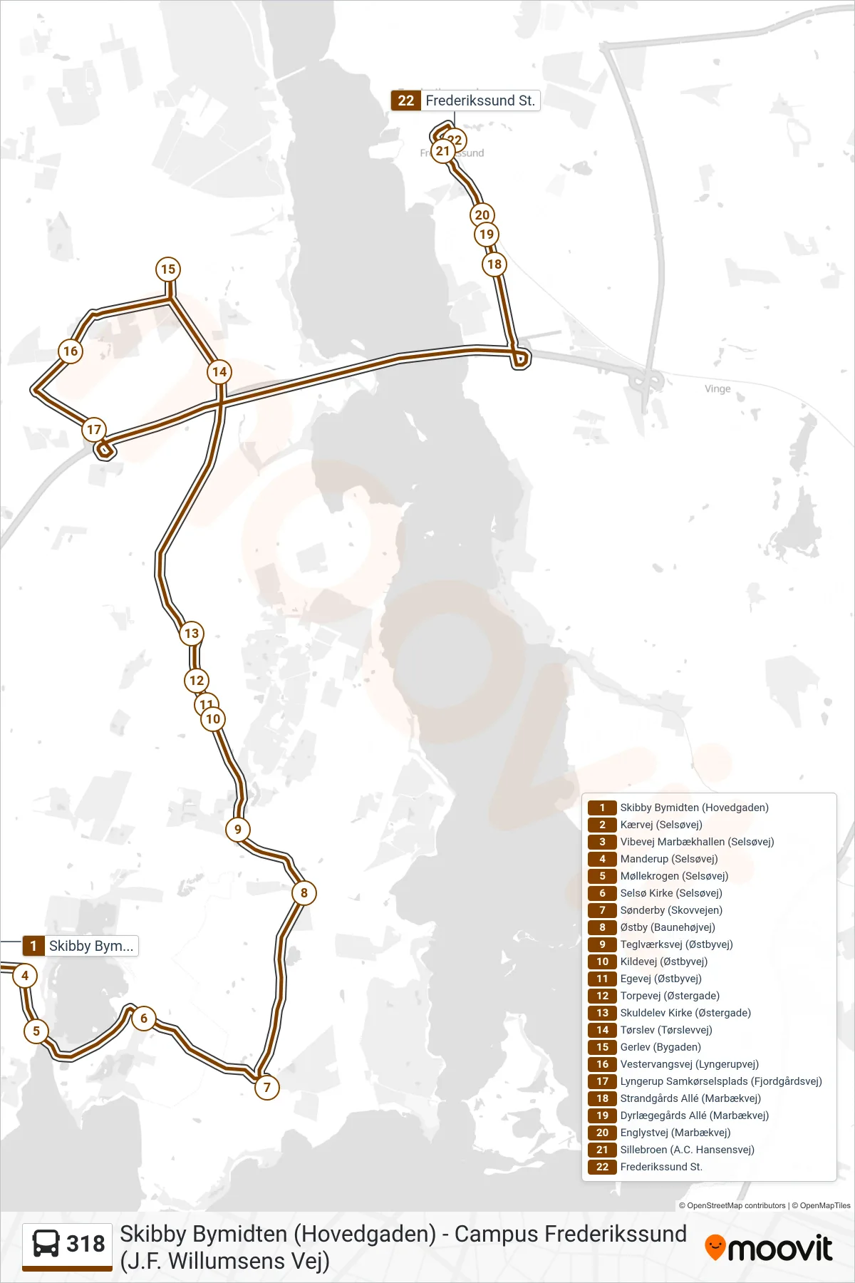 318 bus Linje (Frederikssund St.) rute og stop på et kort
