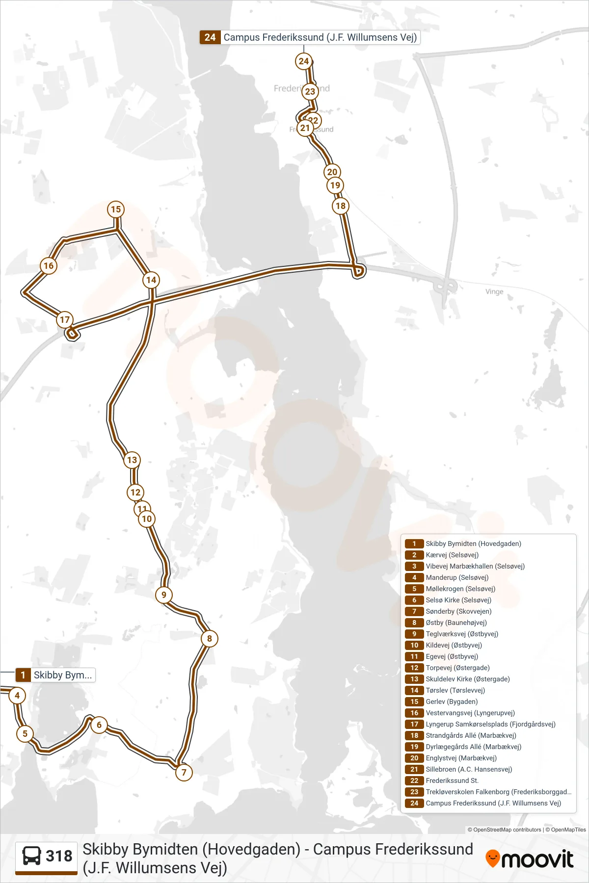 318 bus Linje (Campus Frederikssund Via Frederikssund St.) rute og stop på et kort