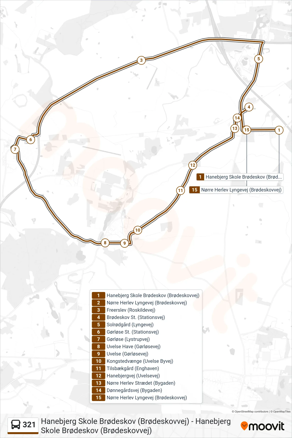 321 bus Linje (Hanebjerg Skole Brødeskov) rute og stop på et kort