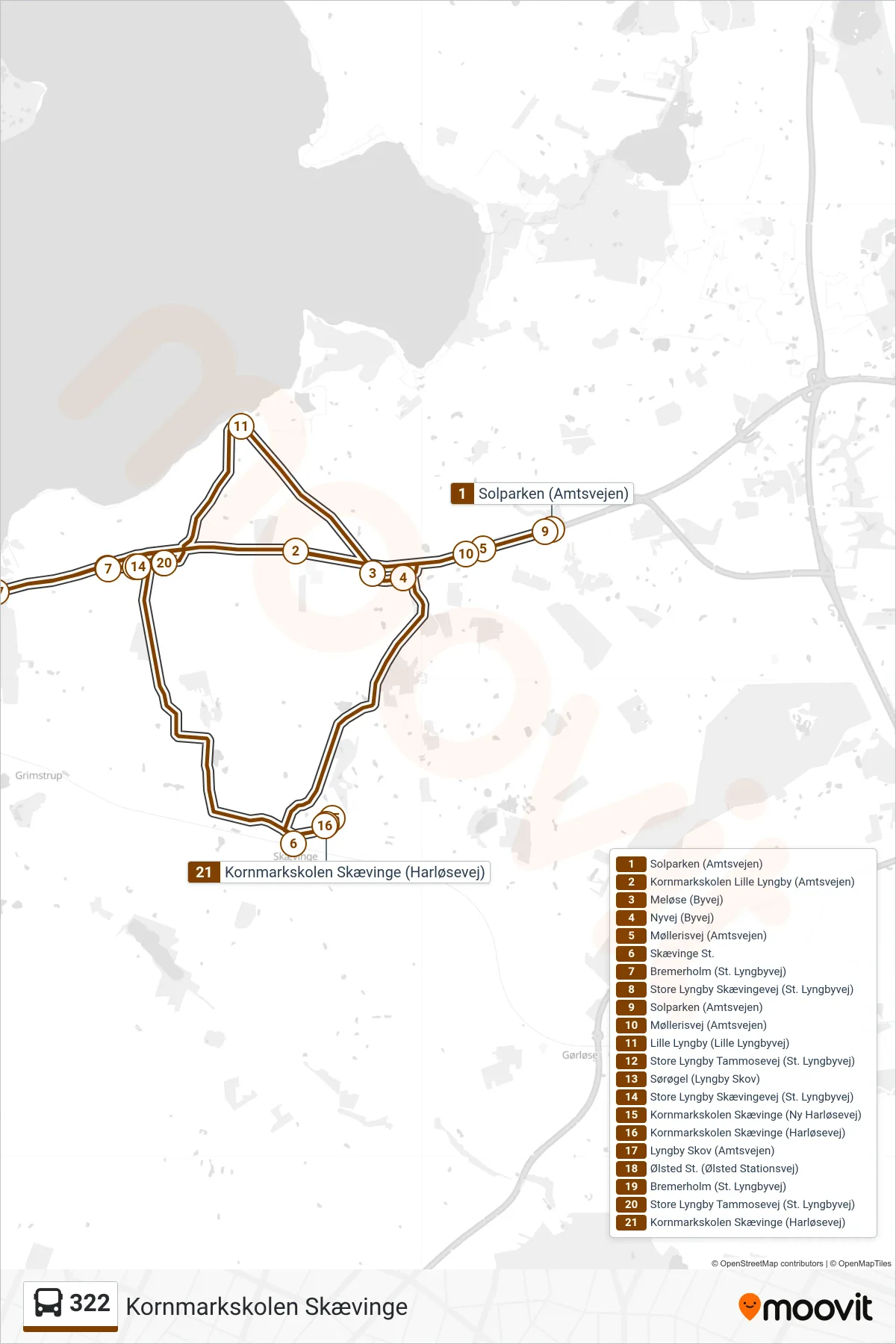 322 bus Linje (Kornmarkskolen Skævinge) rute og stop på et kort