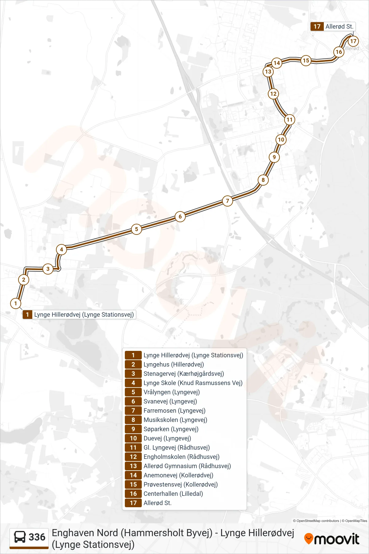 336 bus Line (Allerød St.) route and stops on a map