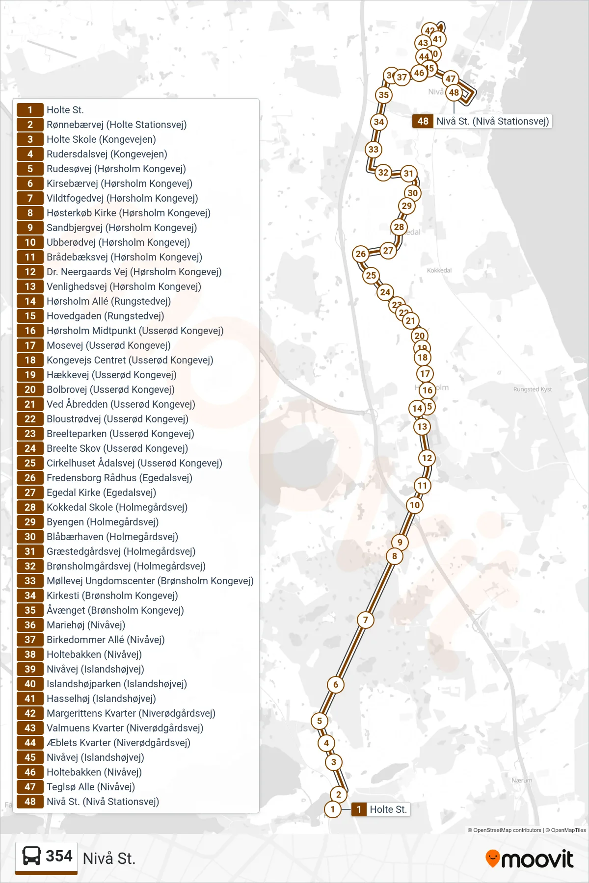 354 bus Linje (Nivå St.) rute og stop på et kort