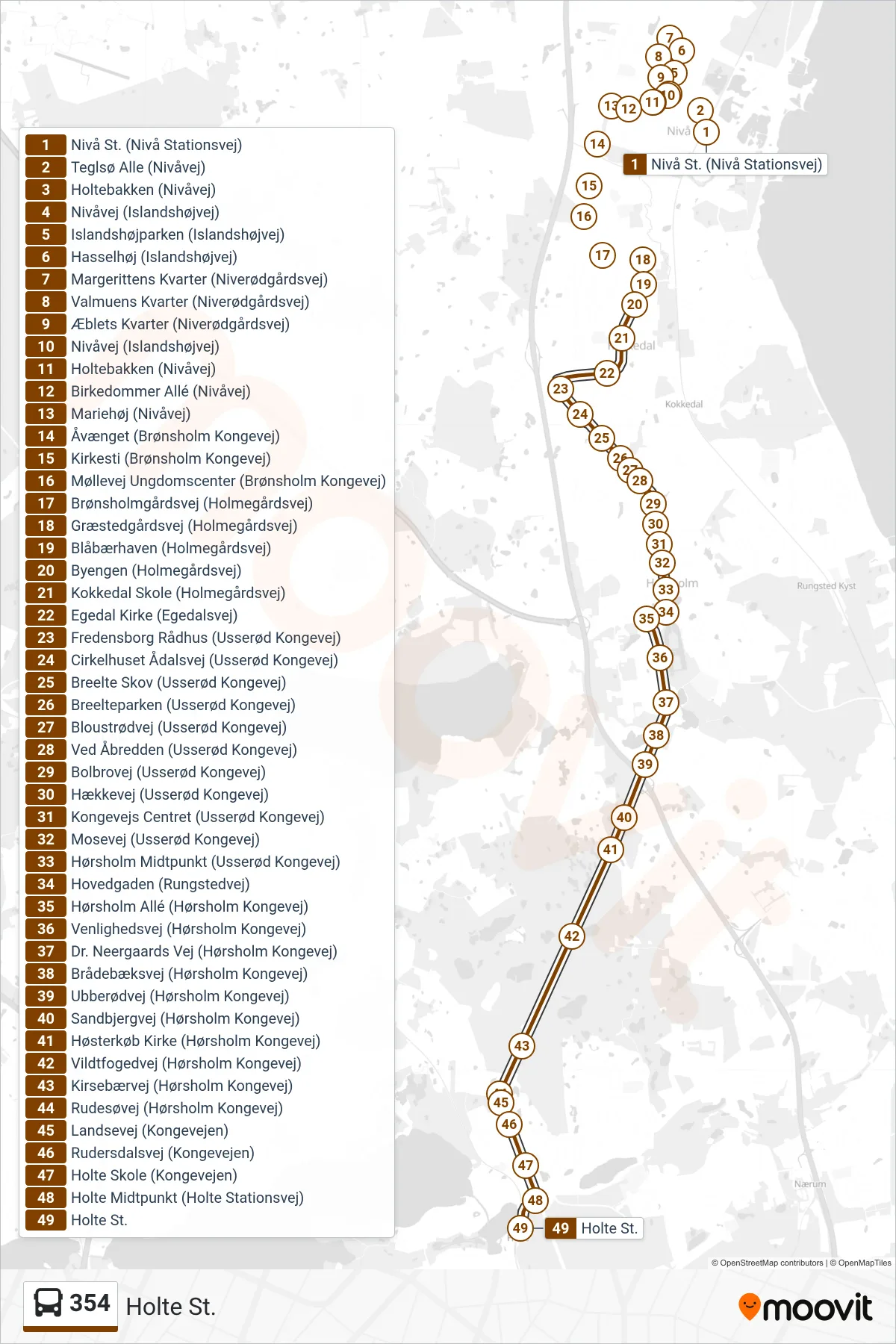 354 bus Linje (Holte St.) rute og stop på et kort
