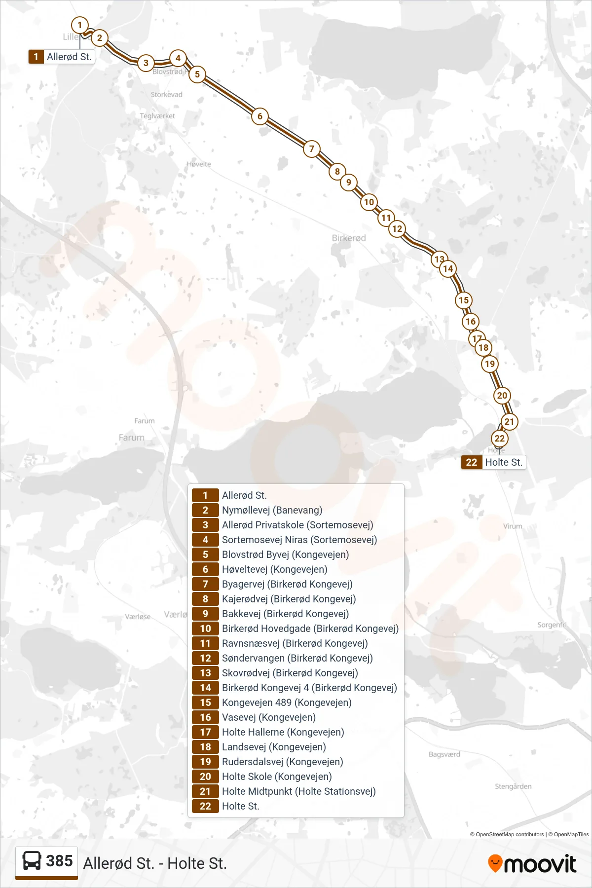385 bus Linje (Holte St.) rute og stop på et kort