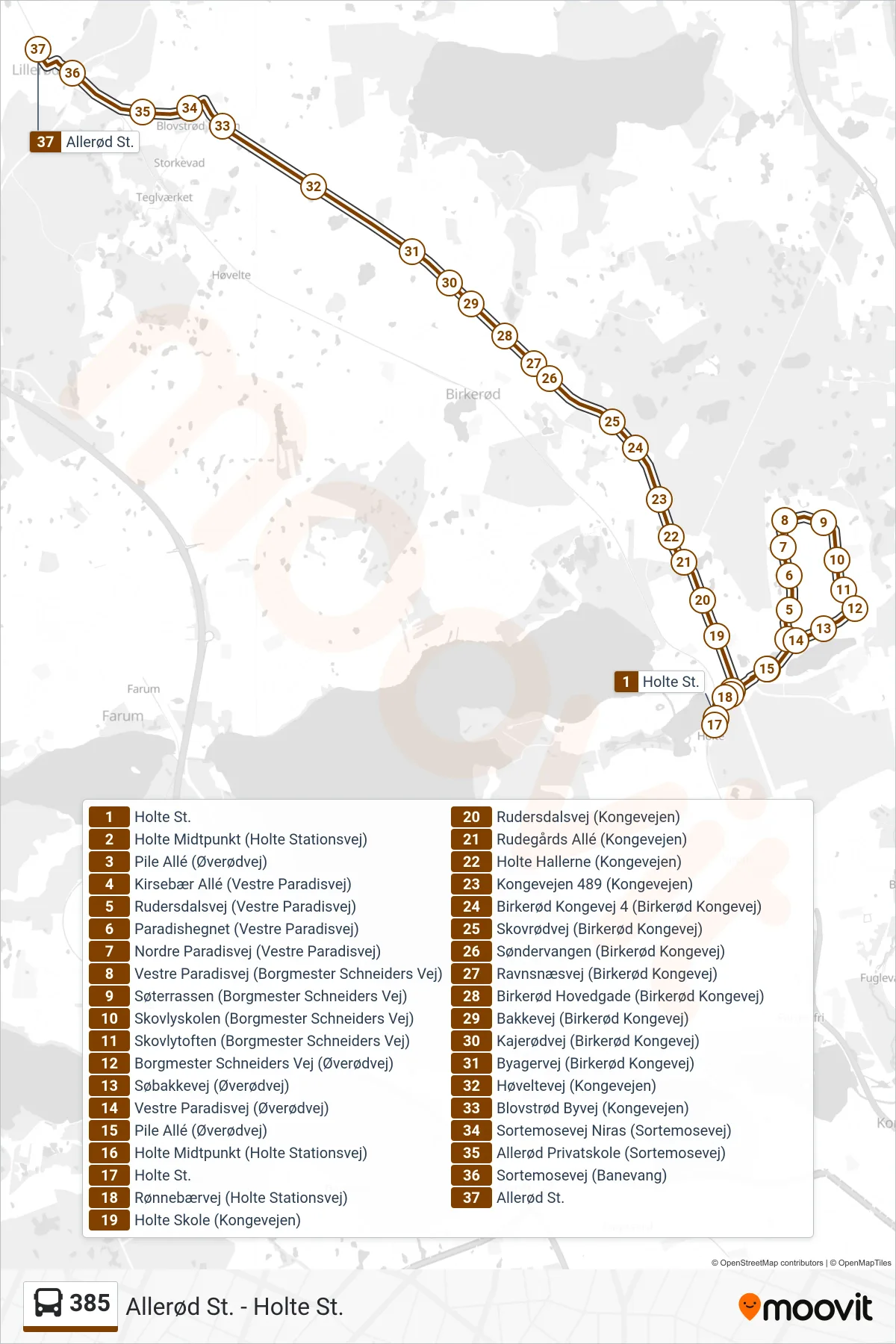 385 bus Linje (Allerød St.) rute og stop på et kort