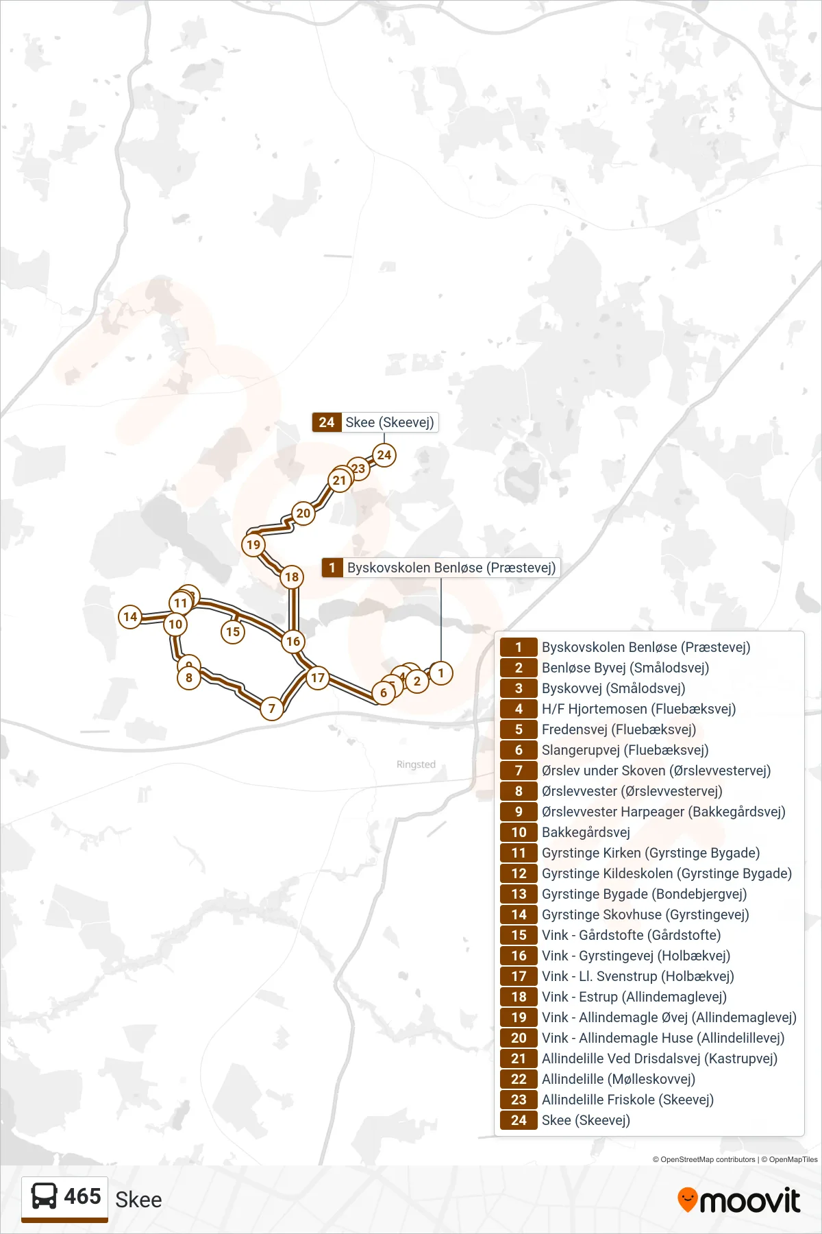 465 bus Linje (Skee) rute og stop på et kort