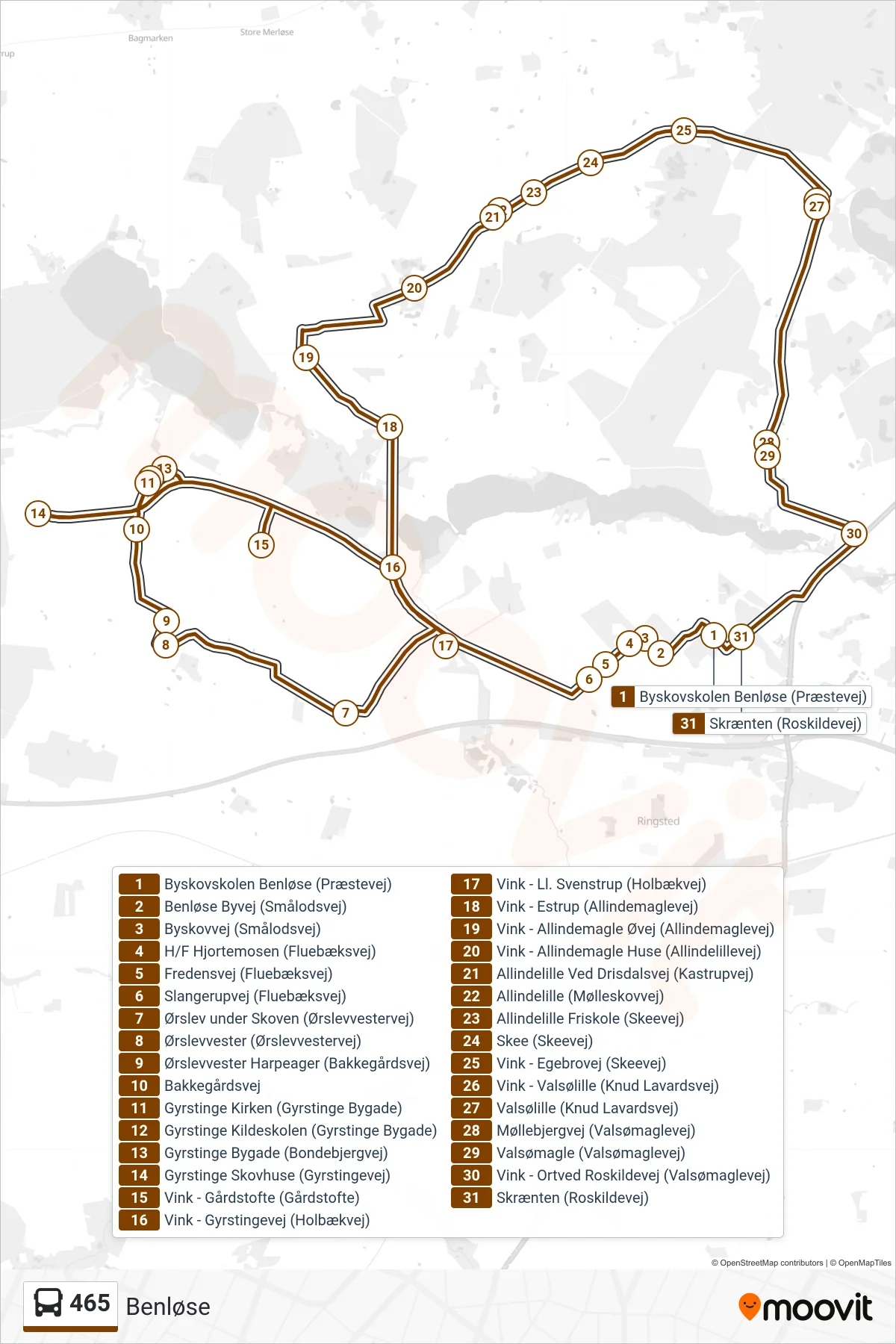 465 bus Linje (Benløse) rute og stop på et kort