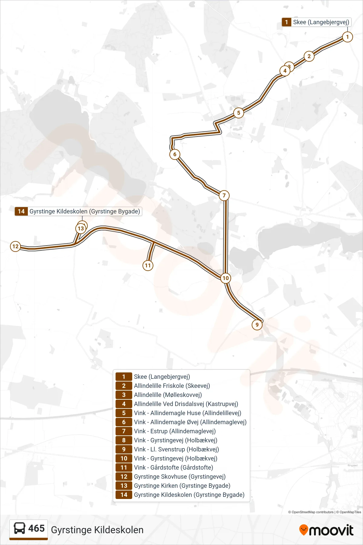 465 bus Linje (Gyrstinge Kildeskolen) rute og stop på et kort