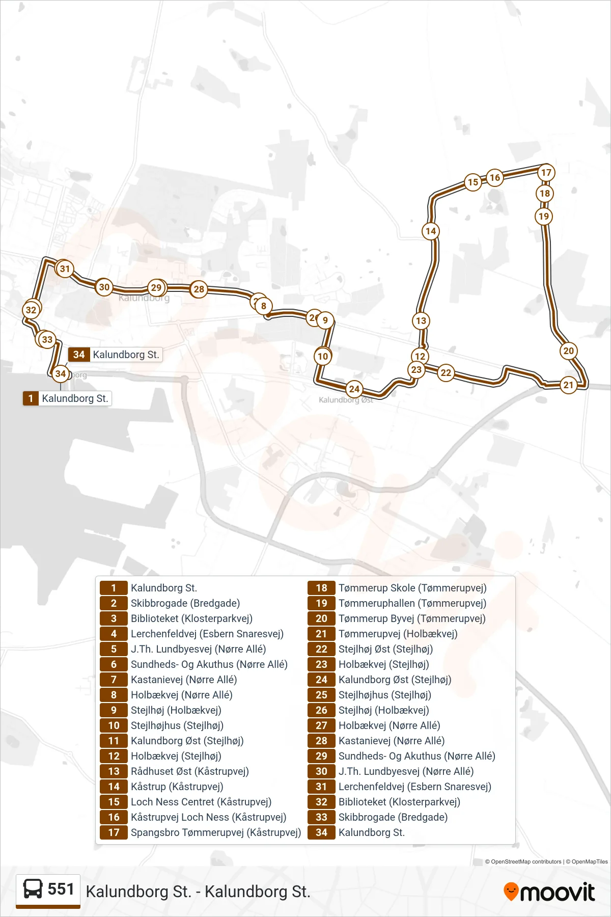 551 bus Linje (Kalundborg St.) rute og stop på et kort