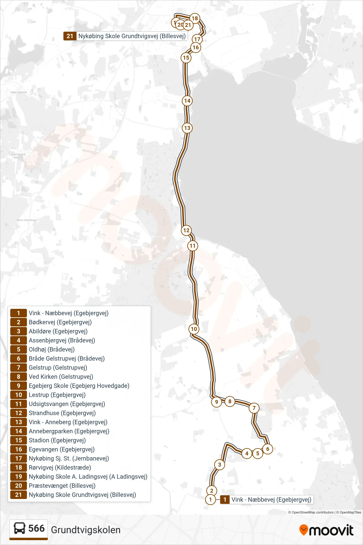 566 bus Linje (Grundtvigskolen) rute og stop på et kort