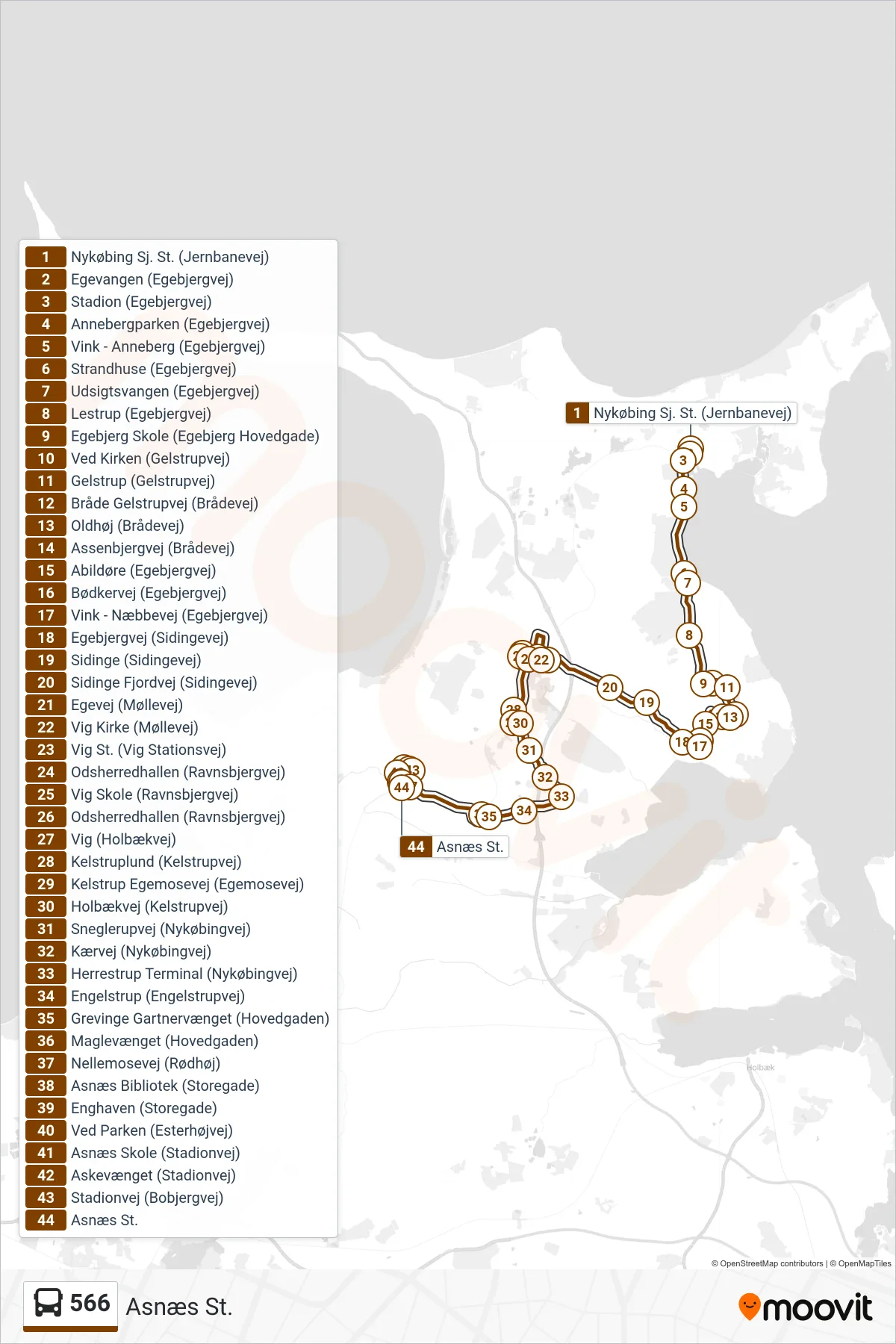 566 bus Line (Asnæs St.) route and stops on a map