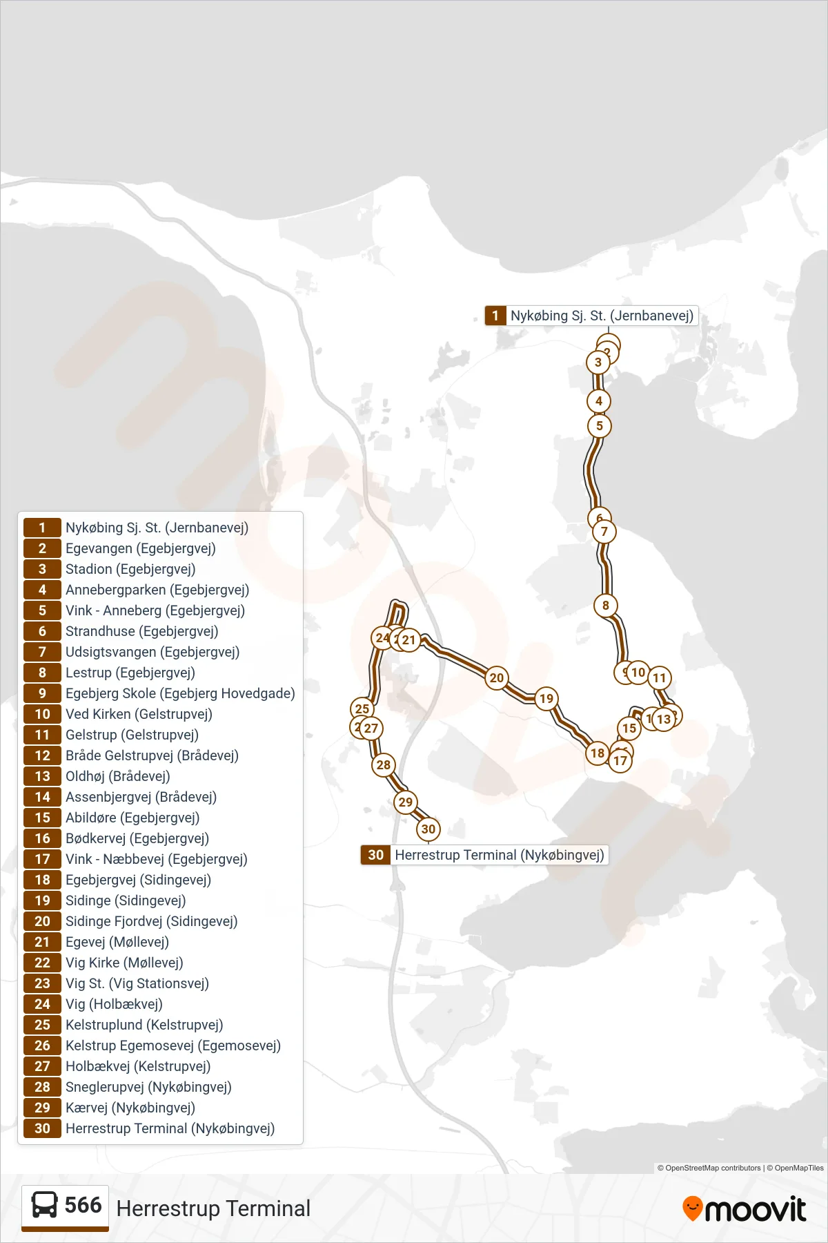 566 bus Linje (Herrestrup Terminal) rute og stop på et kort