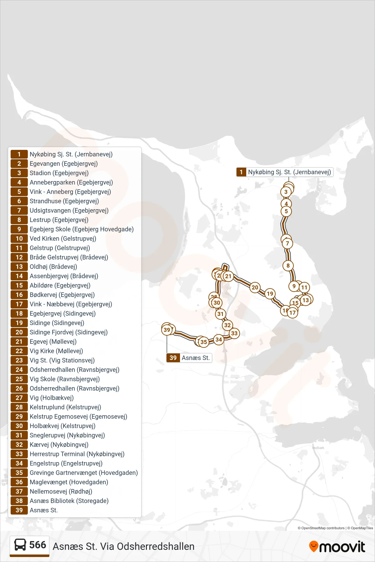 566 bus Linje (Asnæs St. Via Odsherredshallen) rute og stop på et kort
