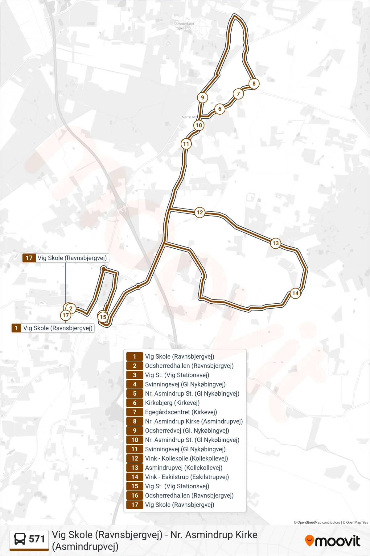 571 bus Linje (Vig Skole (Ravnsbjergvej)) rute og stop på et kort