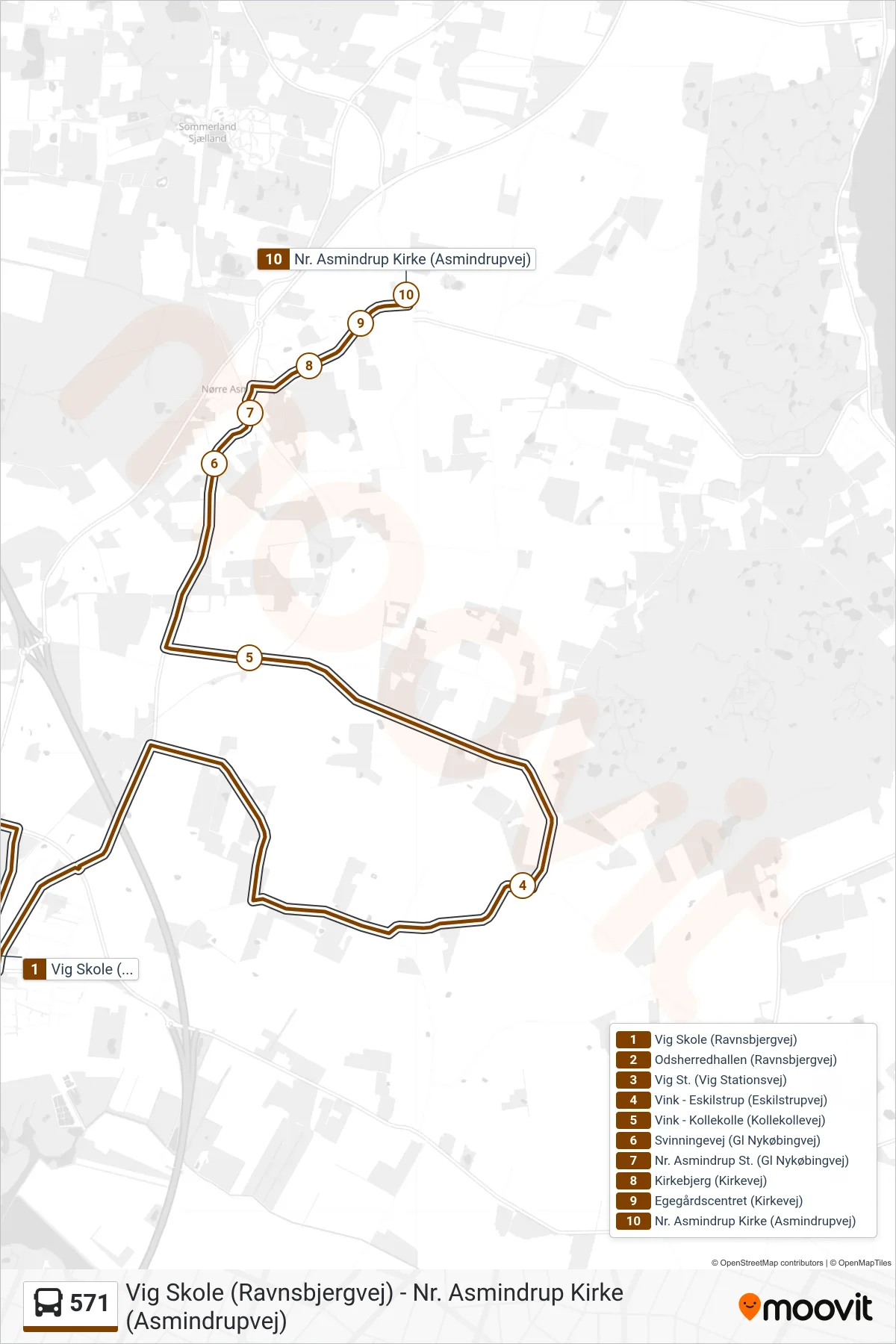 571 bus Line (Nr. Asmindrup Kirke) route and stops on a map