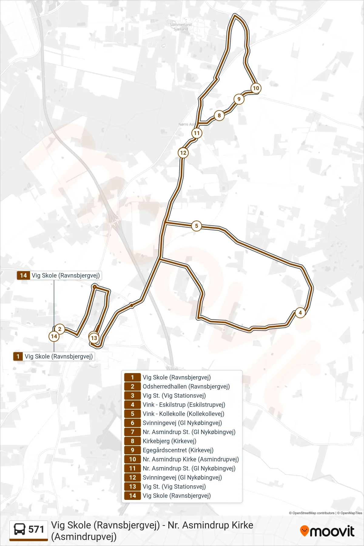 571 bus Linje (Vig Skole (Ravnsbjergvej)) rute og stop på et kort