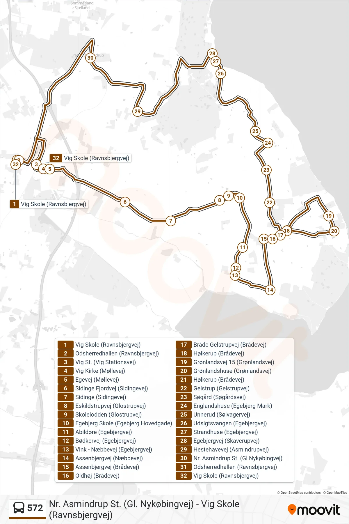 572 bus Linje (Vig Odsherredshallen) rute og stop på et kort