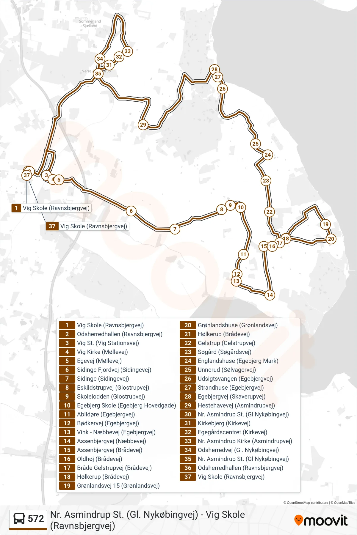572 bus Linje (Vig Skole (Ravnsbjergvej)) rute og stop på et kort