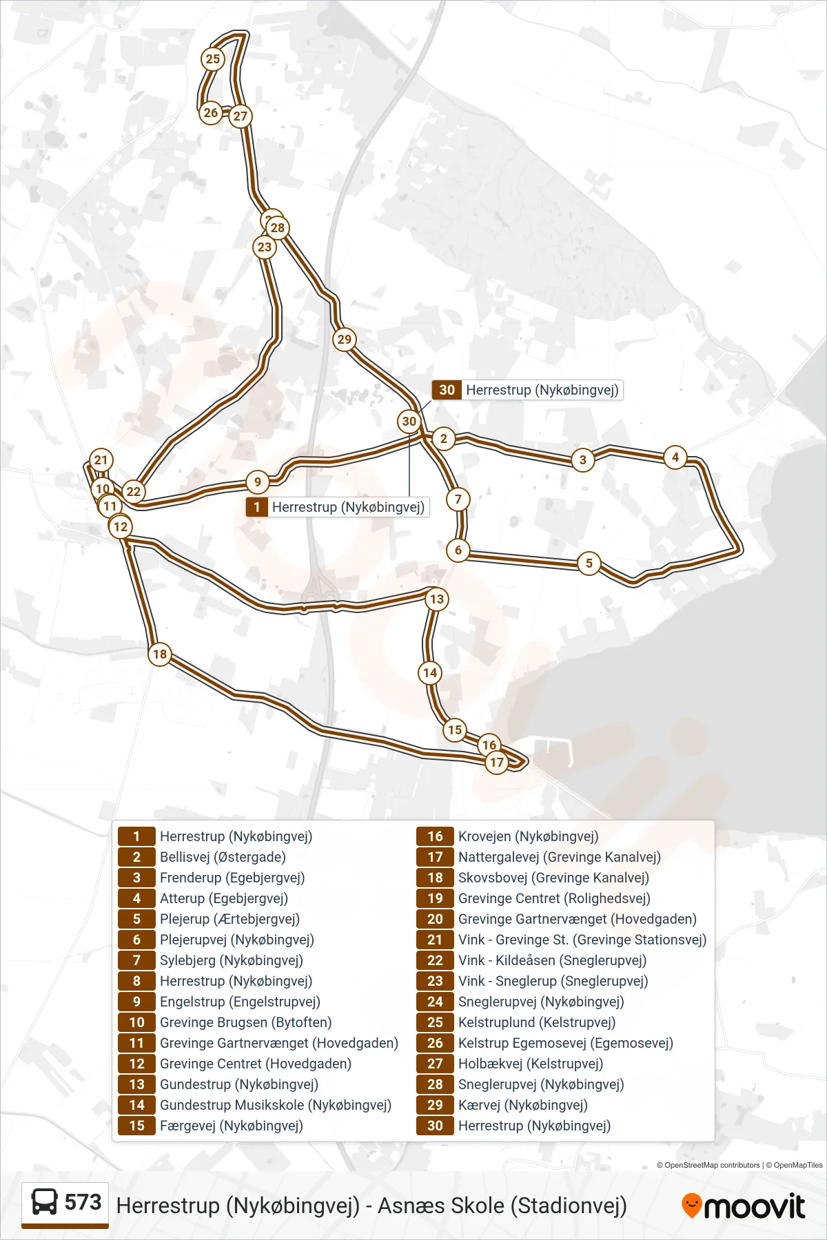 573 bus Linje (Herrestrup Terminal) rute og stop på et kort