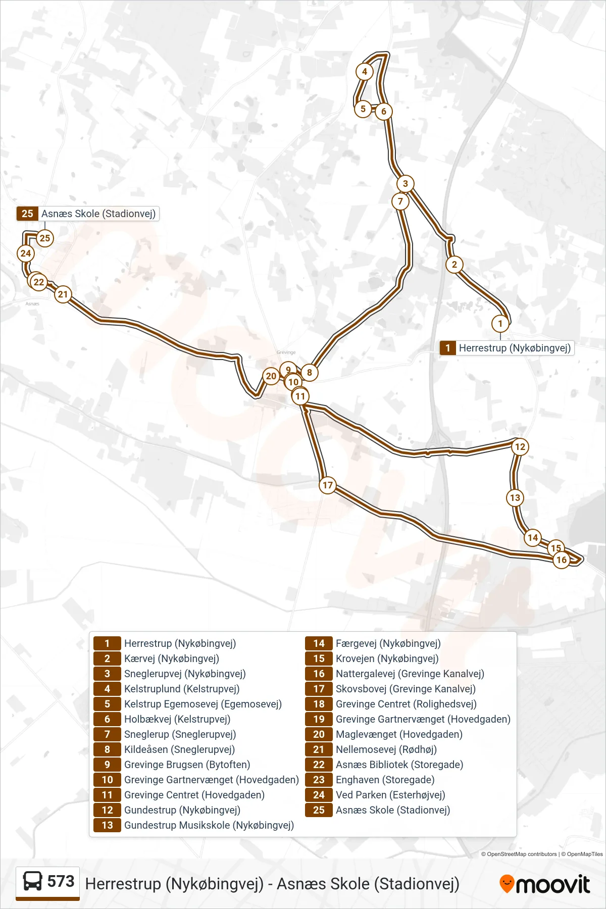 573 bus Linje (Bobjergskolen) rute og stop på et kort