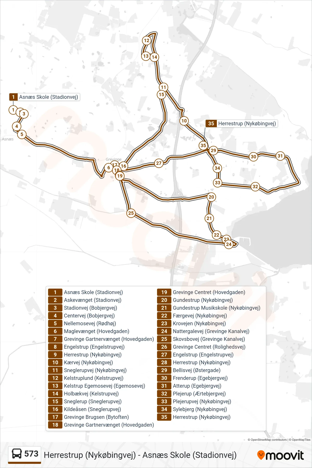 573 bus Linje (Herrestrup Terminal) rute og stop på et kort