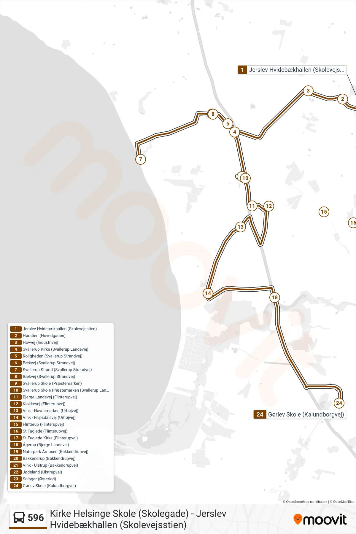 596 bus Linje (Gørlev) rute og stop på et kort