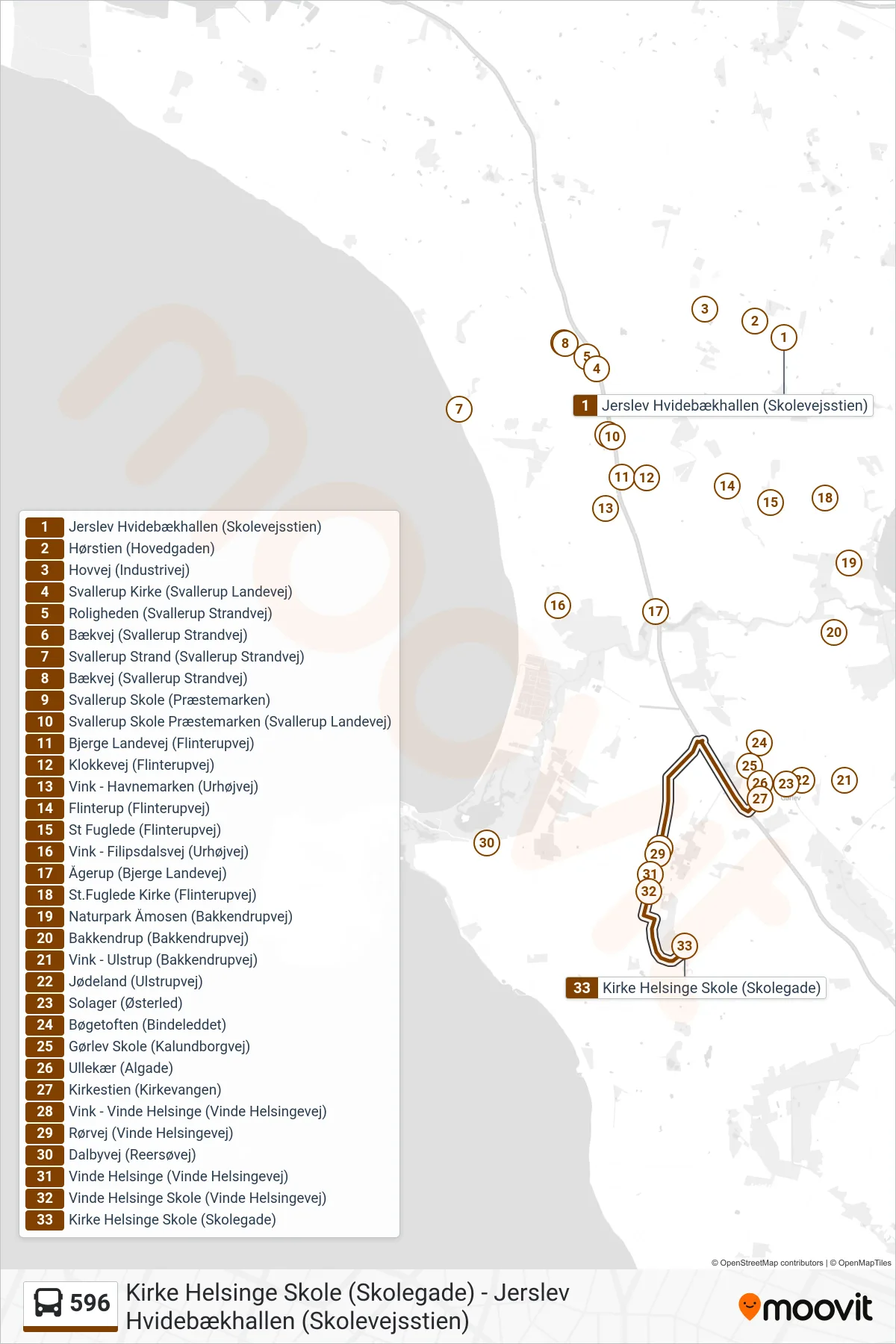 596 bus Linje (Kirke Helsinge) rute og stop på et kort