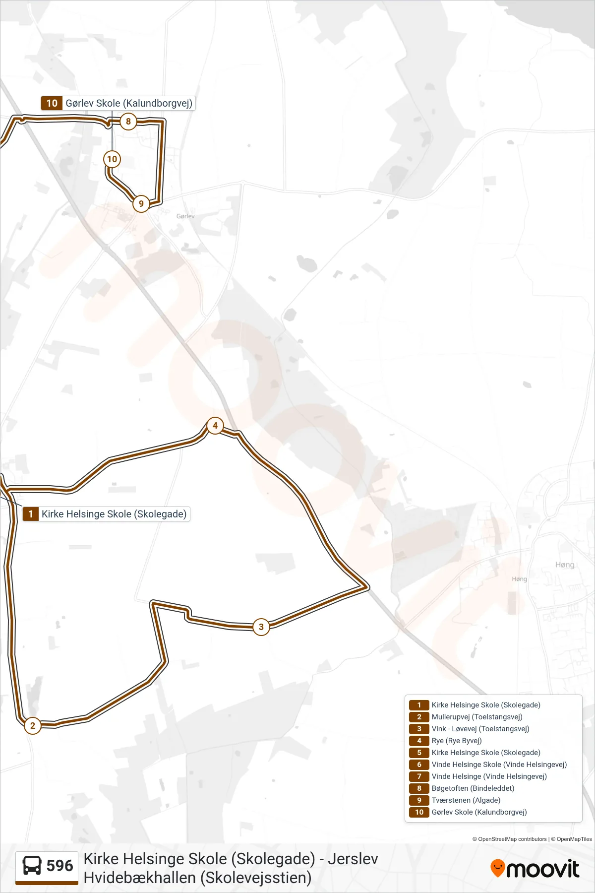 596 bus Linje (Gørlev) rute og stop på et kort