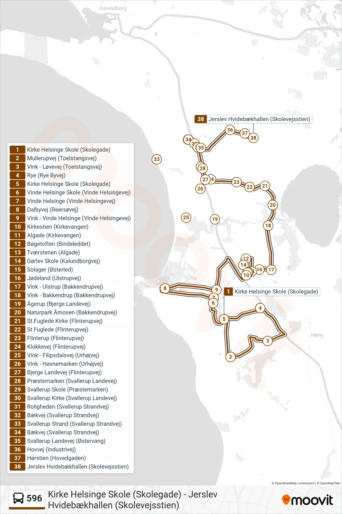 596 bus Line (Jerslev Hvidebækhallen) route and stops on a map