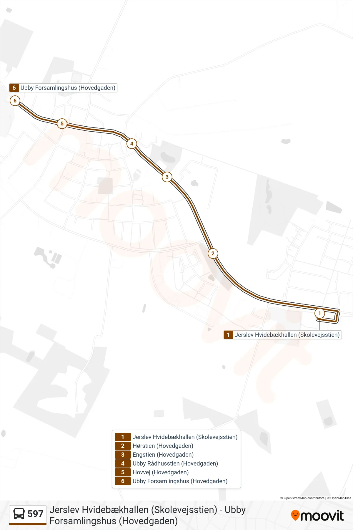 597 bus Linje (Ubby) rute og stop på et kort