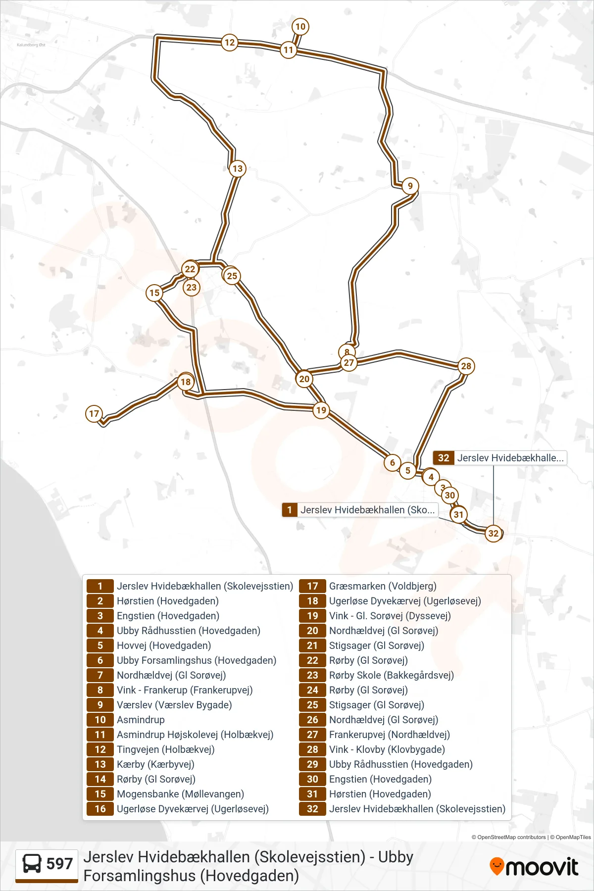 597 bus Linje (Jerslev Hvidebækhallen (Skolevejsstien)) rute og stop på et kort