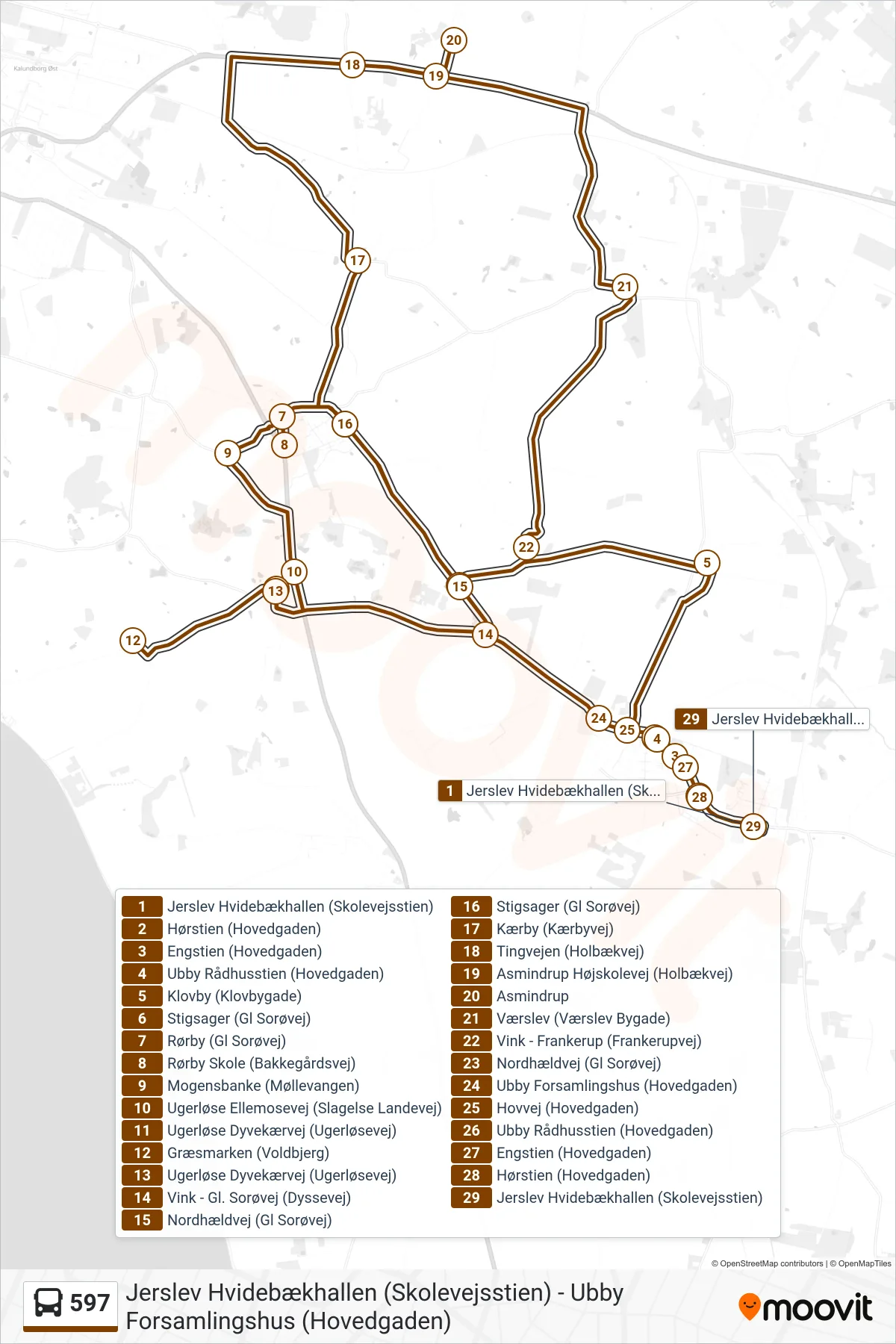 597 bus Linje (Jerslev Hvidebækhallen (Skolevejsstien)) rute og stop på et kort