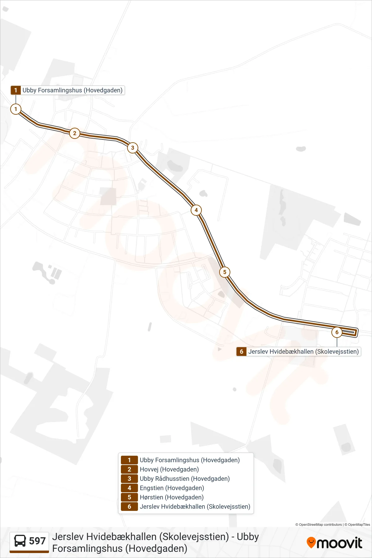 597 bus Linje (Jerslev Hvidebækhallen) rute og stop på et kort