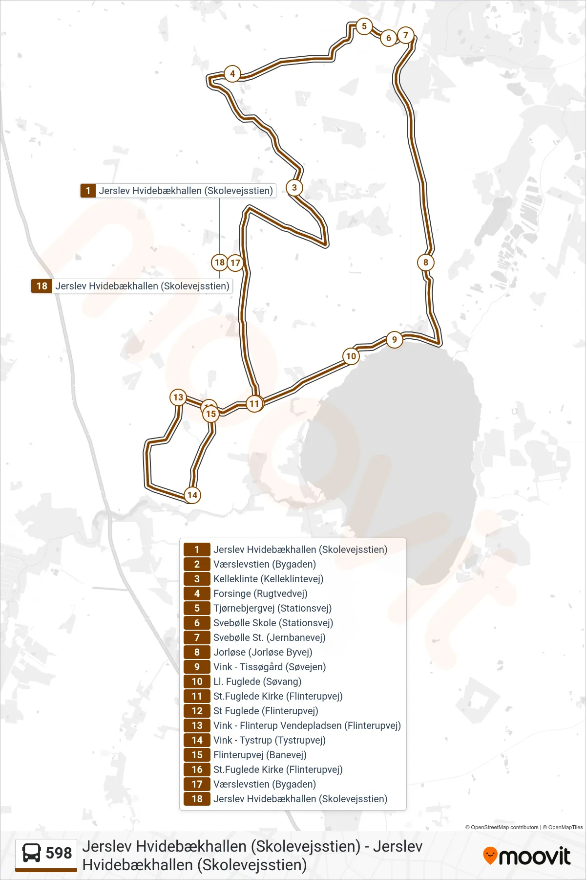 598 bus Linje (Jerslev Hvidebækhallen (Skolevejsstien)) rute og stop på et kort