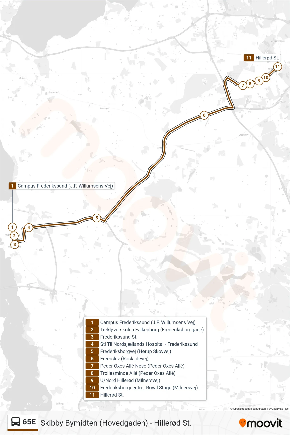 65E bus Line (Hillerød St.) route and stops on a map