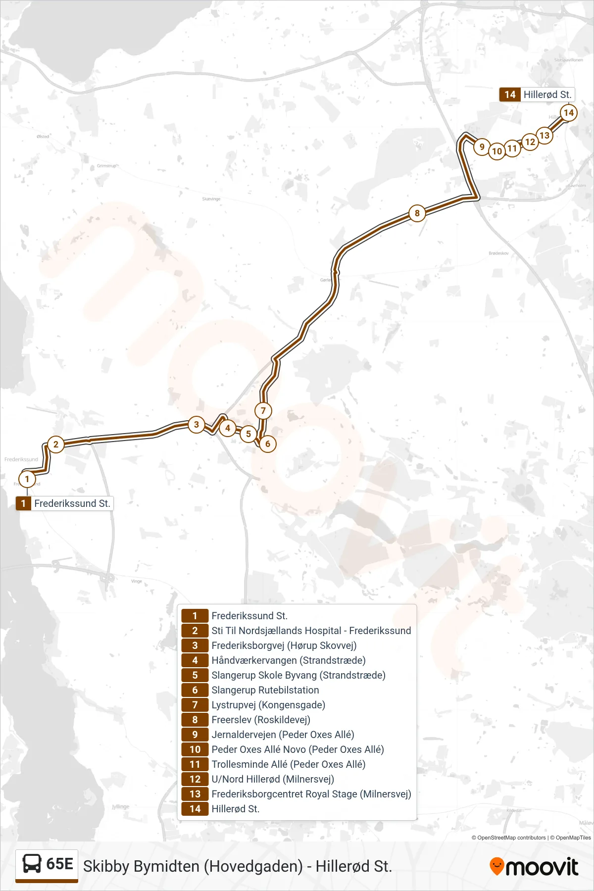 65E bus Linje (Hillerød St. Via Slangerup) rute og stop på et kort