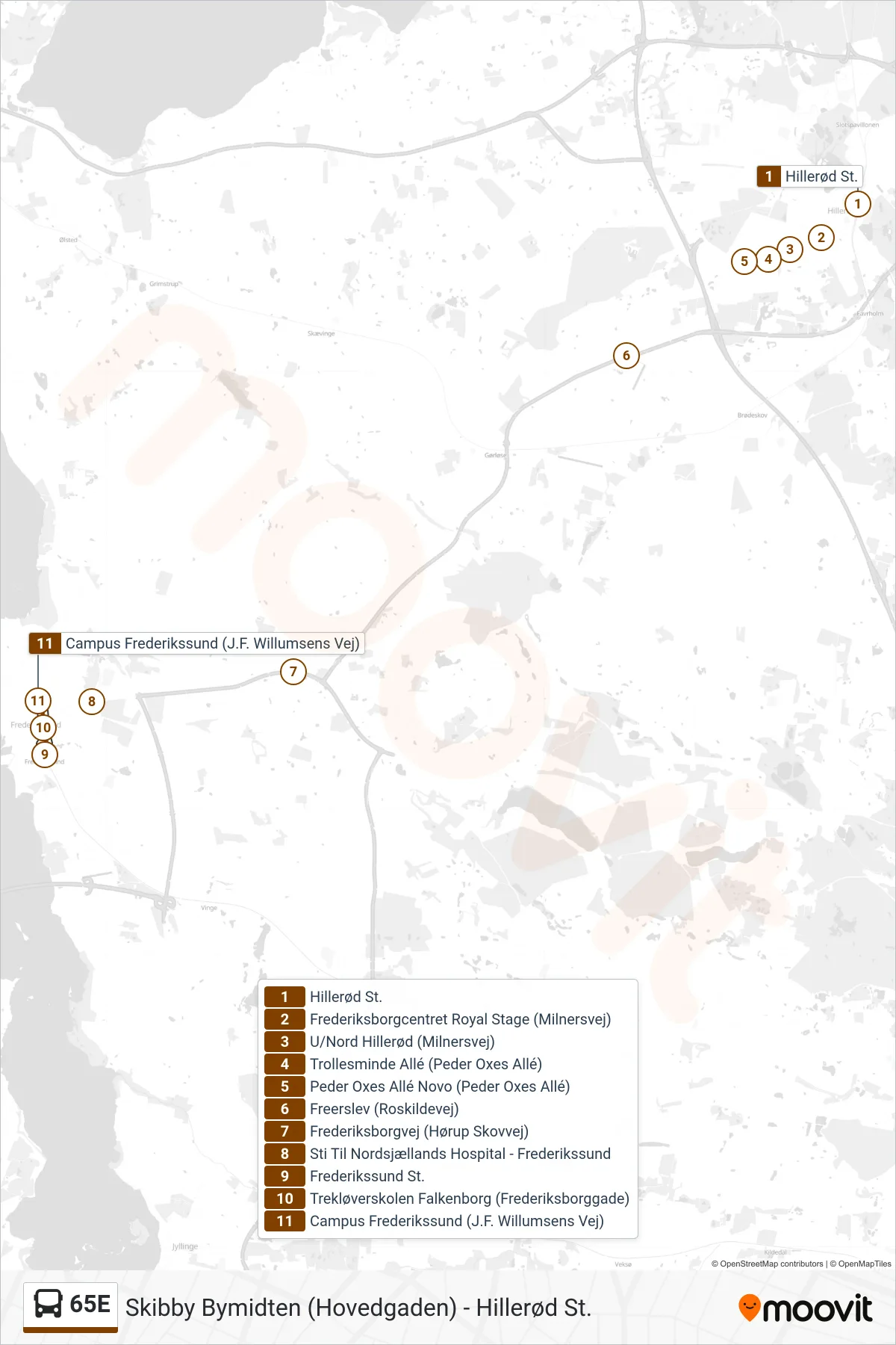 65E bus Linje (Campus Frederikssund) rute og stop på et kort