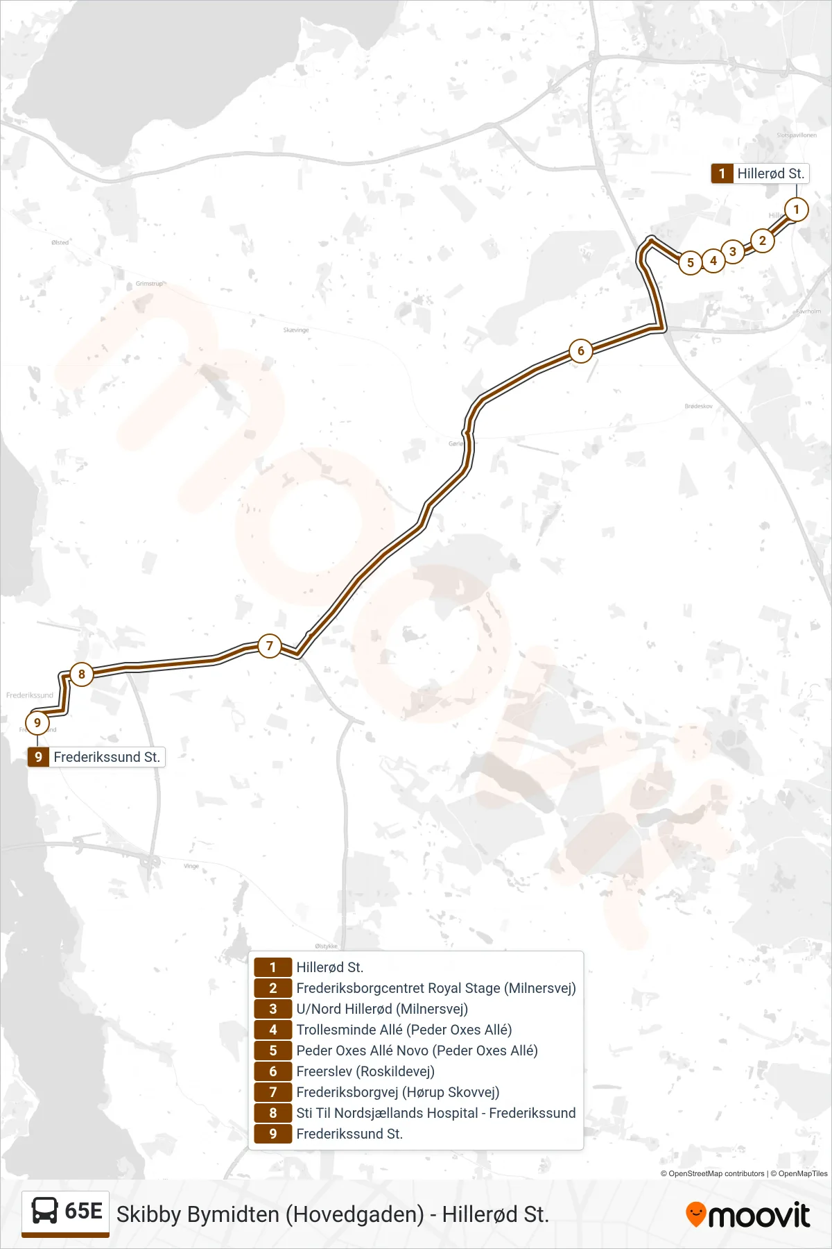 65E bus Linje (Frederikssund St.) rute og stop på et kort