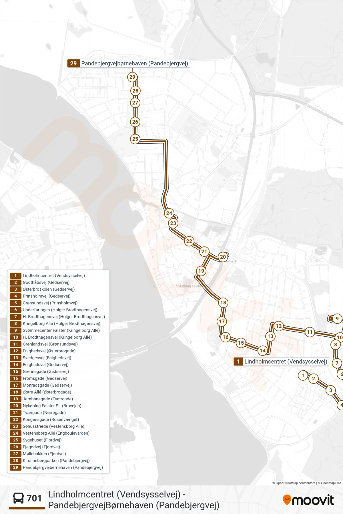 701 bus Linje (Pandebjergvejbørnehaven (Pandebjergvej)) rute og stop på et kort