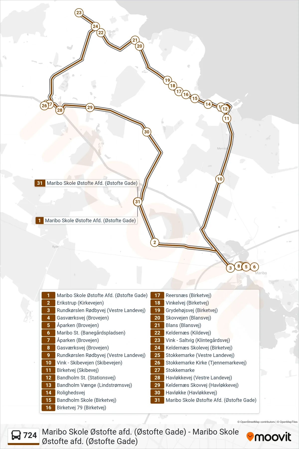 724 bus Linje (Maribo Skole Østofte) rute og stop på et kort