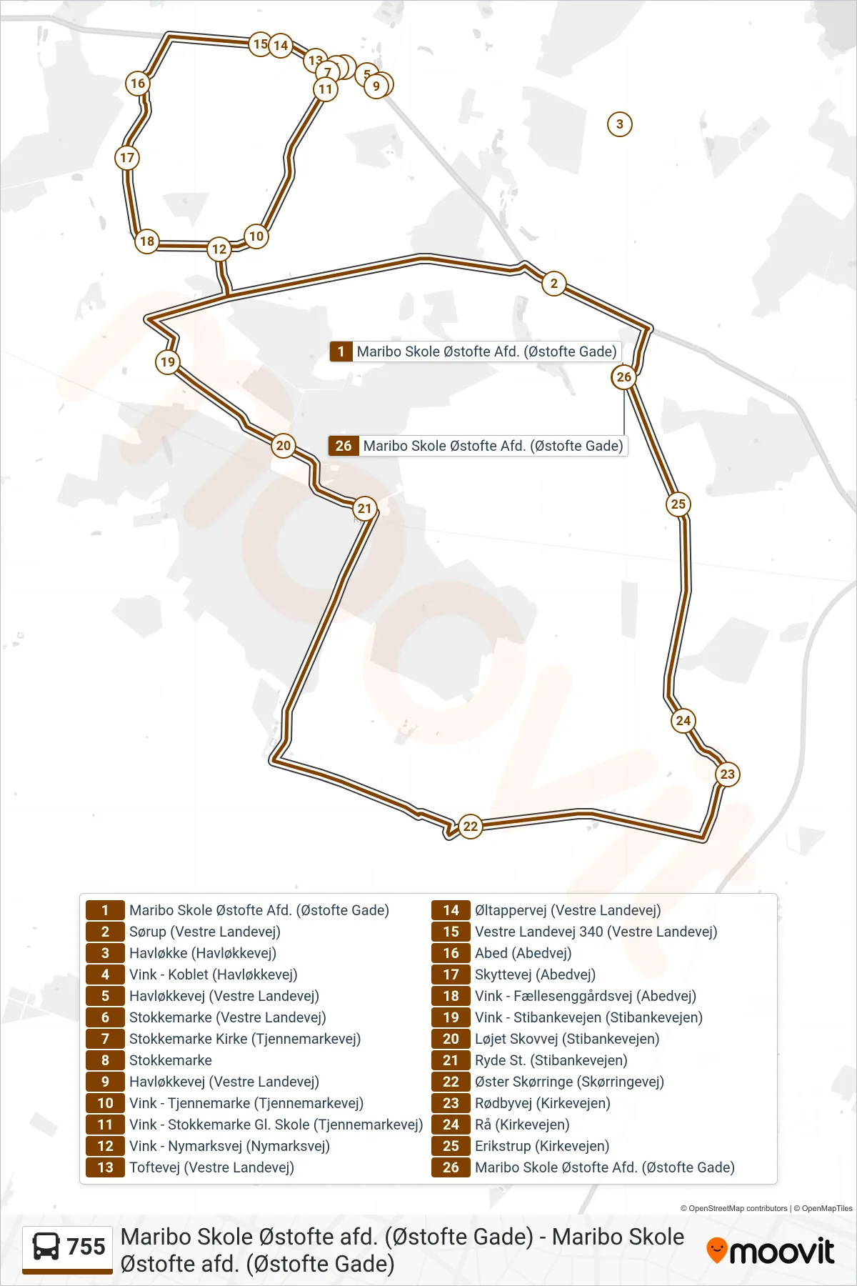 755 bus Linje (Maribo Skole Østofte) rute og stop på et kort