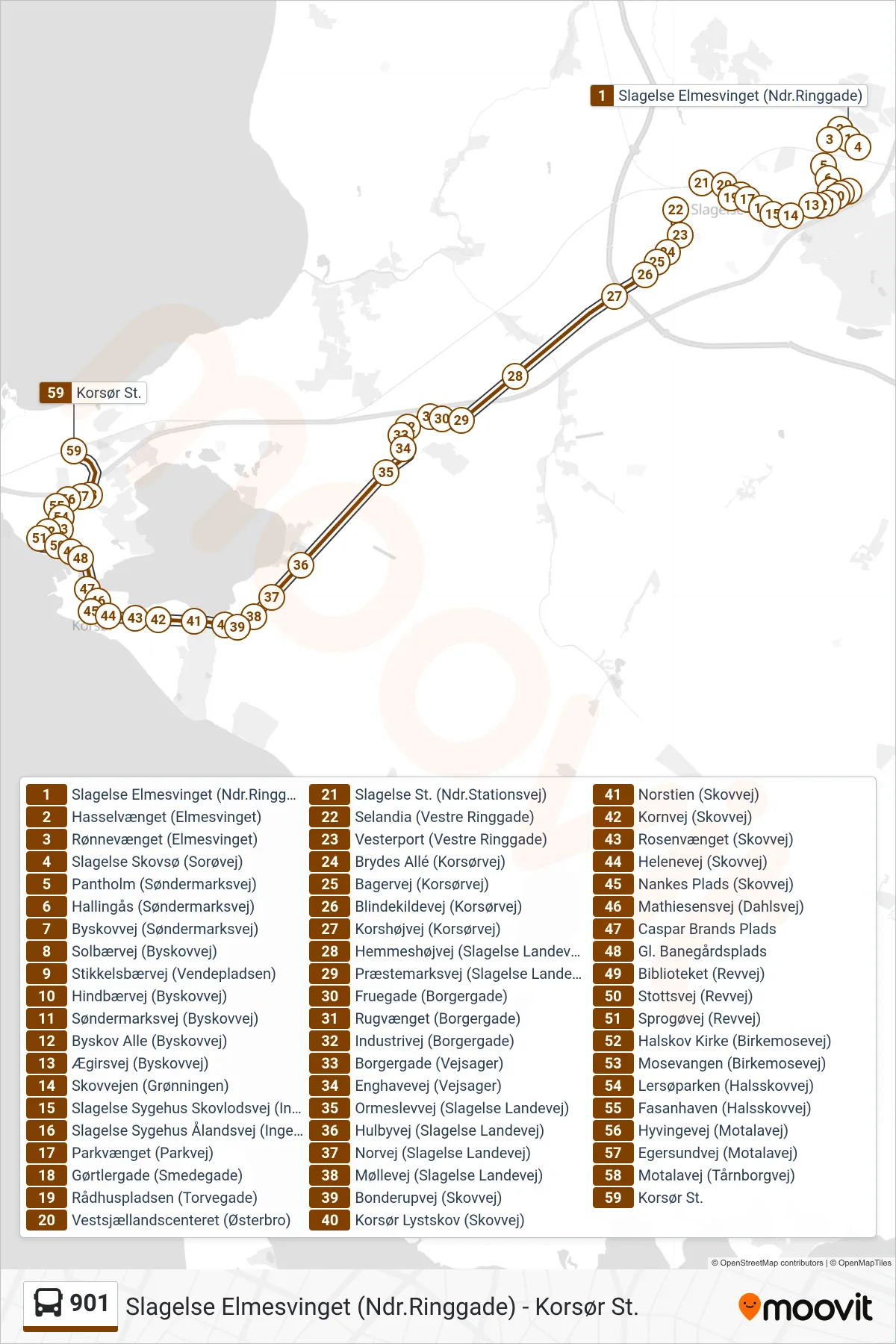 901 bus Linje (Korsør St.) rute og stop på et kort