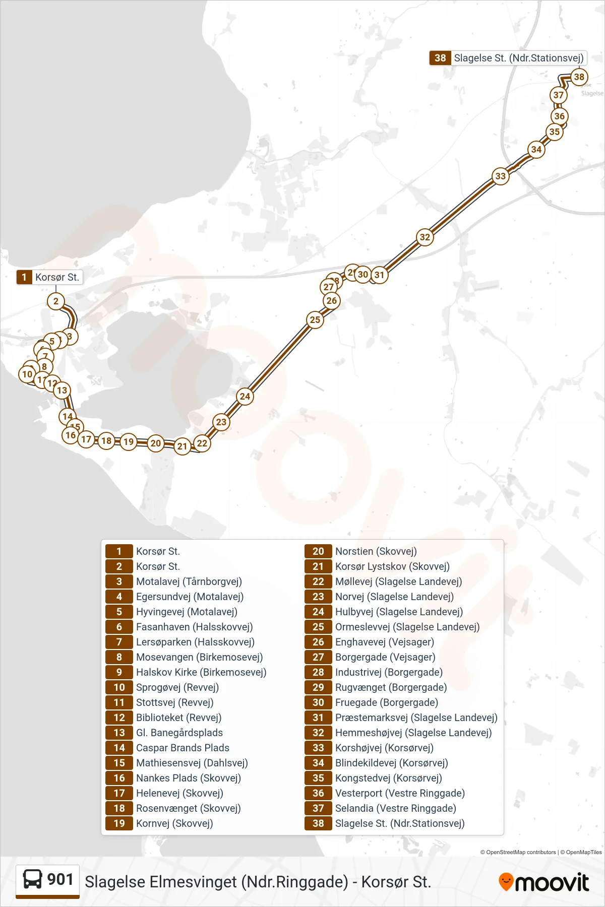 901 bus Linje (Slagelse St.) rute og stop på et kort