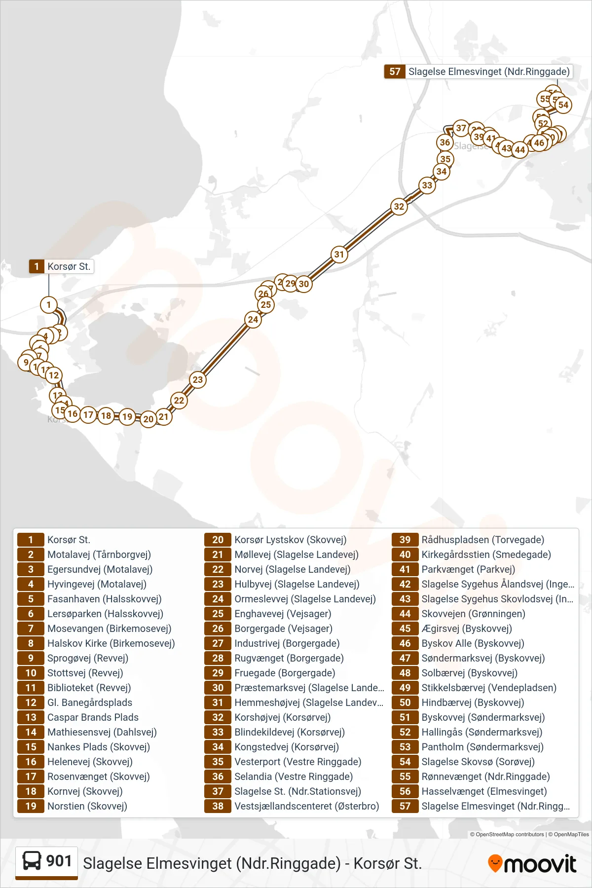 901 bus Line (Slagelse Elmesvinget) route and stops on a map