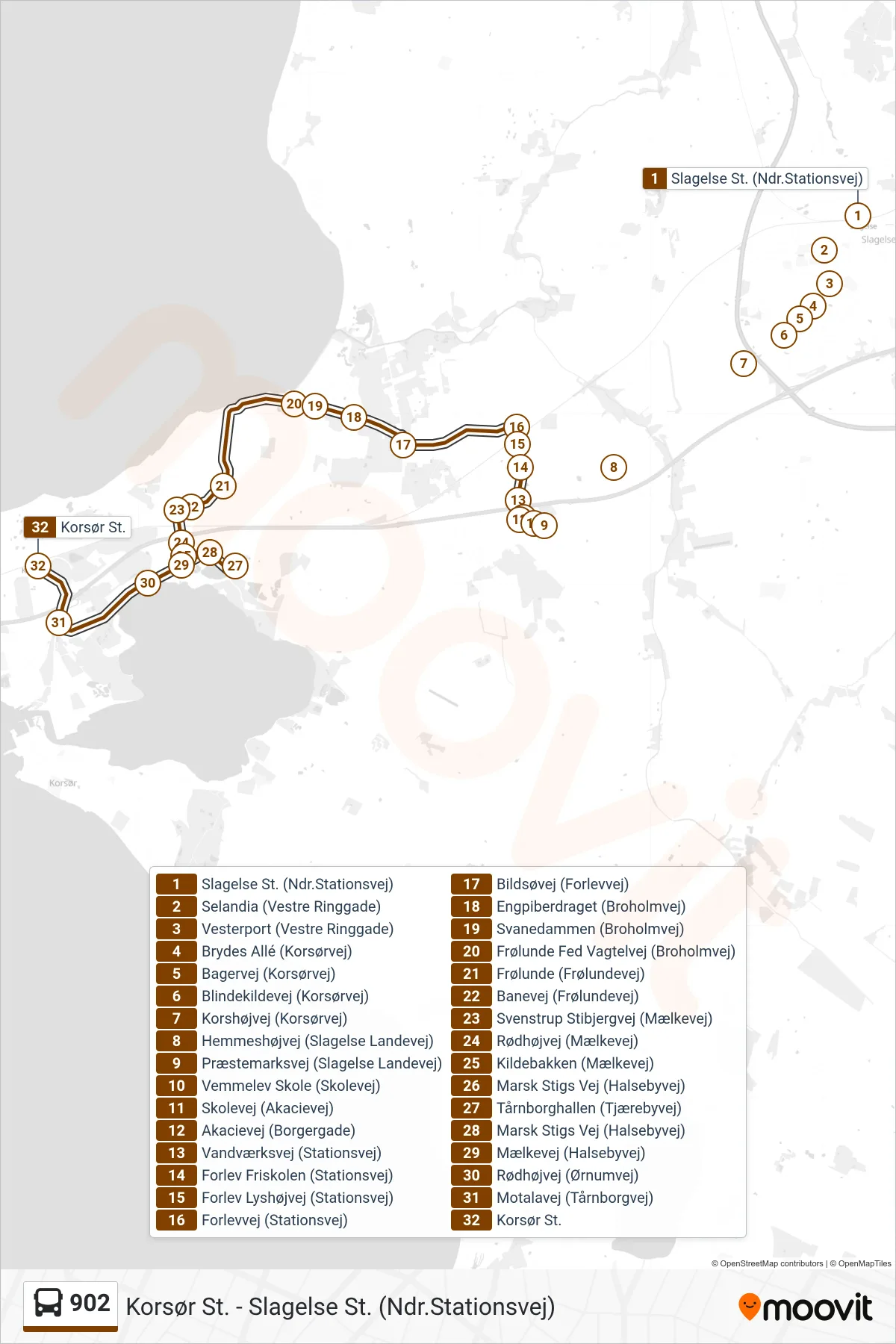 902 bus Linje (Korsør St.) rute og stop på et kort