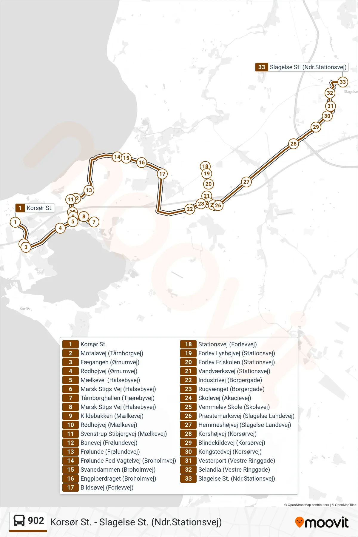 902 bus Linje (Slagelse St.) rute og stop på et kort