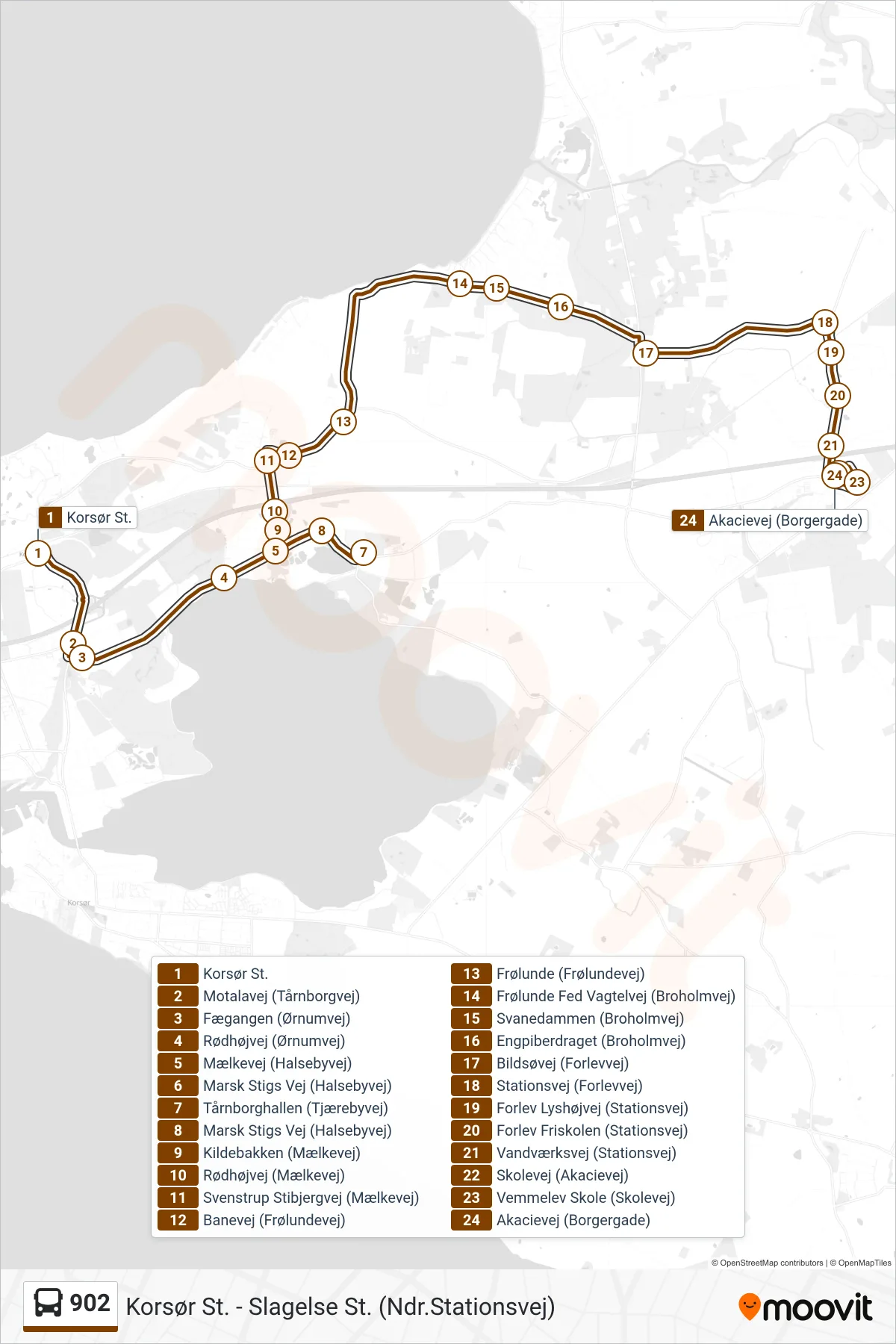 902 bus Line (Vemmelev) route and stops on a map