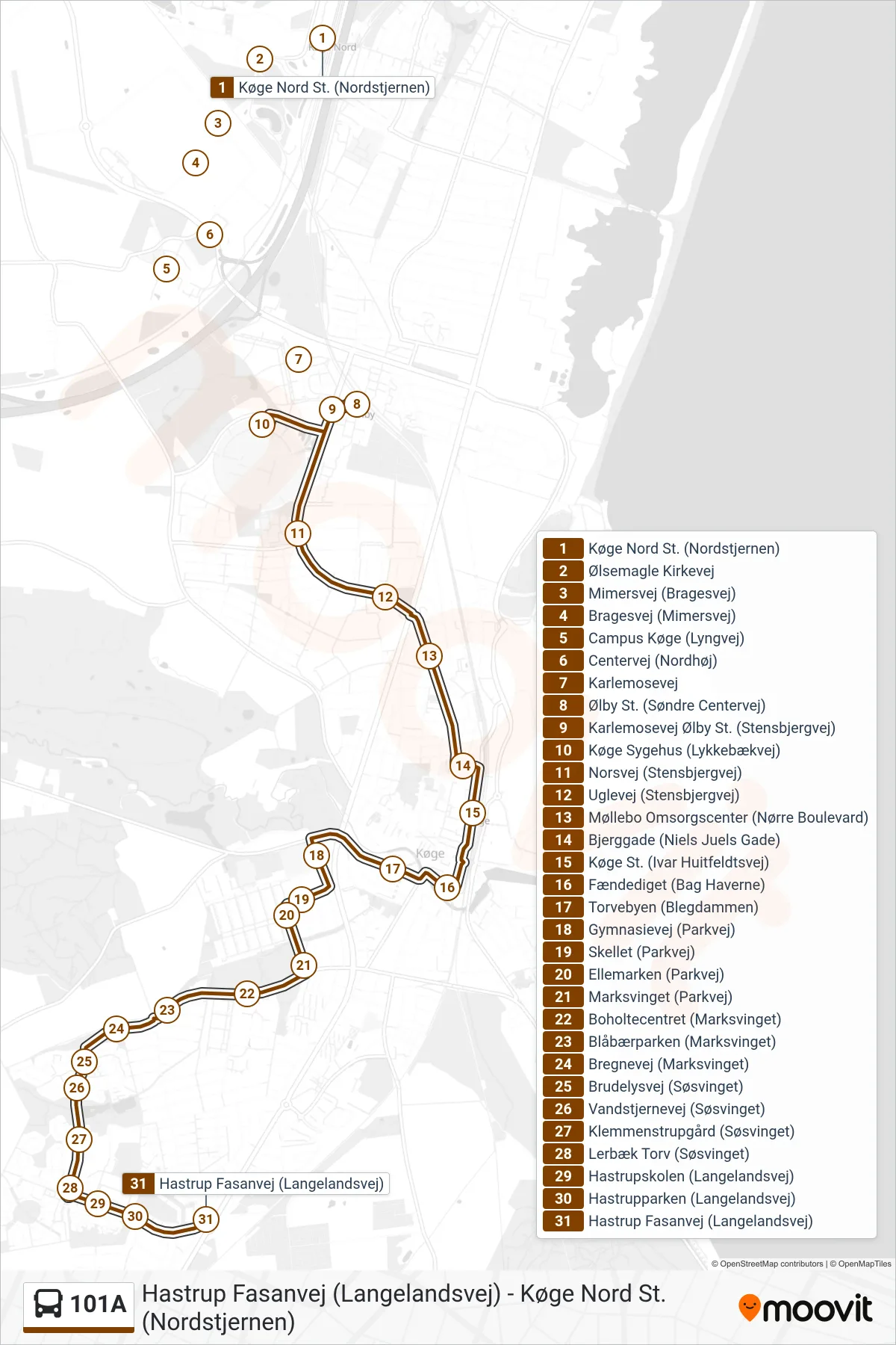 101A bus Linje (Hastrup Fasanvej) rute og stop på et kort